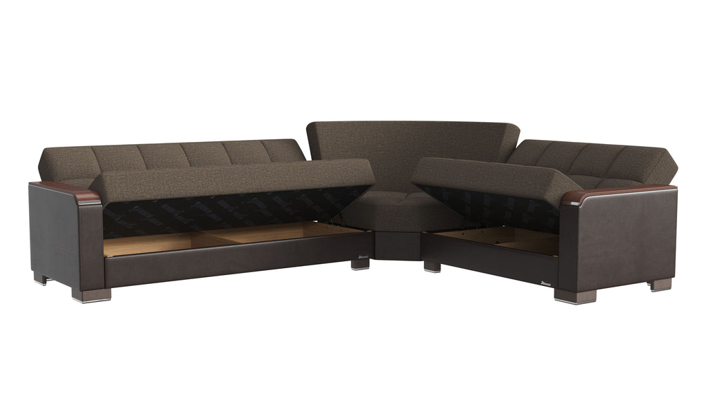Ottomanson Armada X - Upholstered Convertible Wood Trimmed Sectional With Storage - Brown PU Polyester