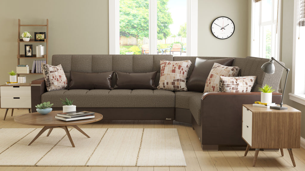 Ottomanson Armada X - Upholstered Convertible Wood Trimmed Sectional With Storage - Brown PU Polyester