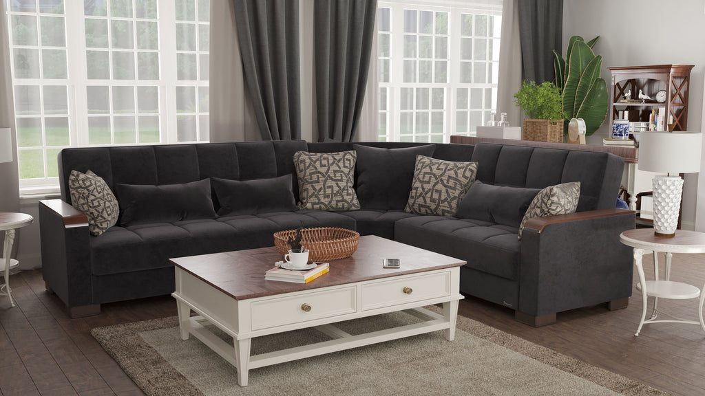 Ottomanson Armada X - Upholstered Convertible Wood Trimmed Sectional With Storage - Microfiber