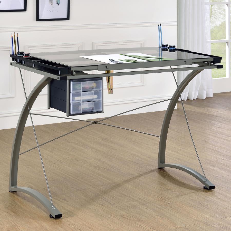 Melo - Glass Top DRAFting Table With Storage - Silver