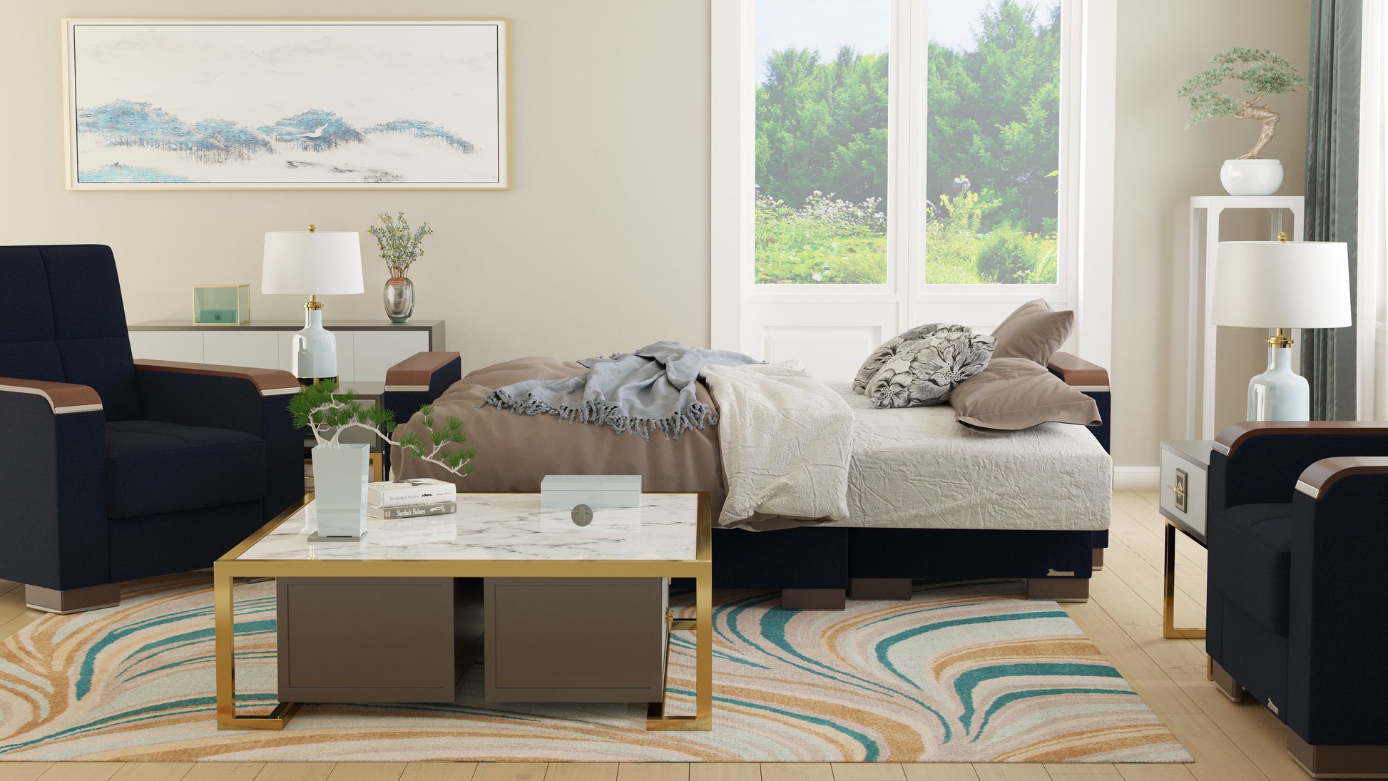 Ottomanson Armada X - Upholstered Convertible Wood Trimmed Chaise Lounge With Storage - Polyester