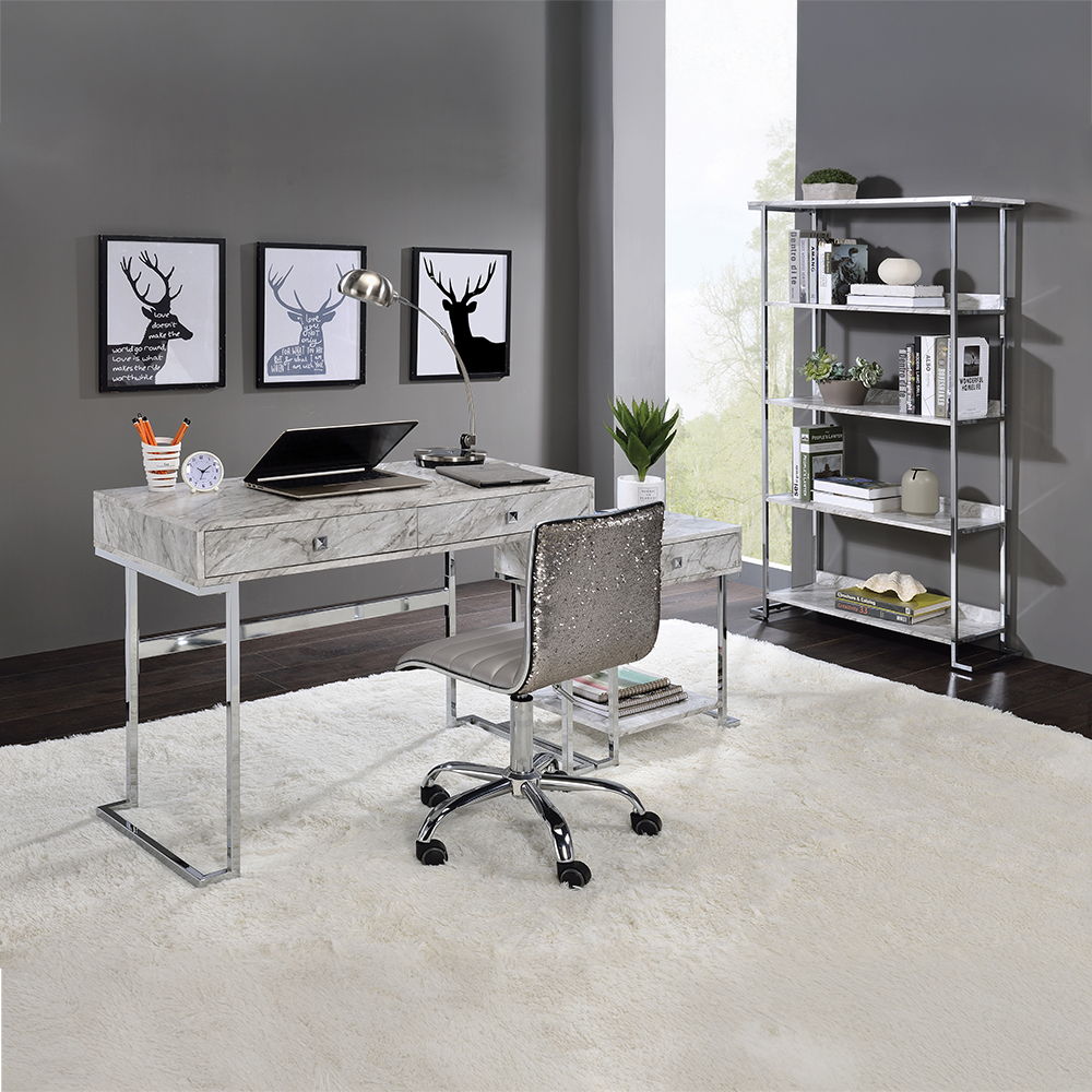 Tigress - Writing Desk - White Printed Faux Marble & Chrome Finish