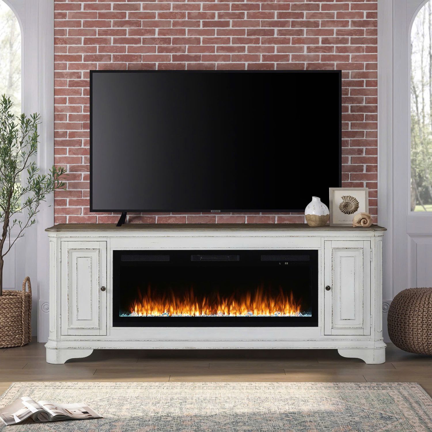 Fireplace TV Consoles - 244 82" Console With Fire FT - White
