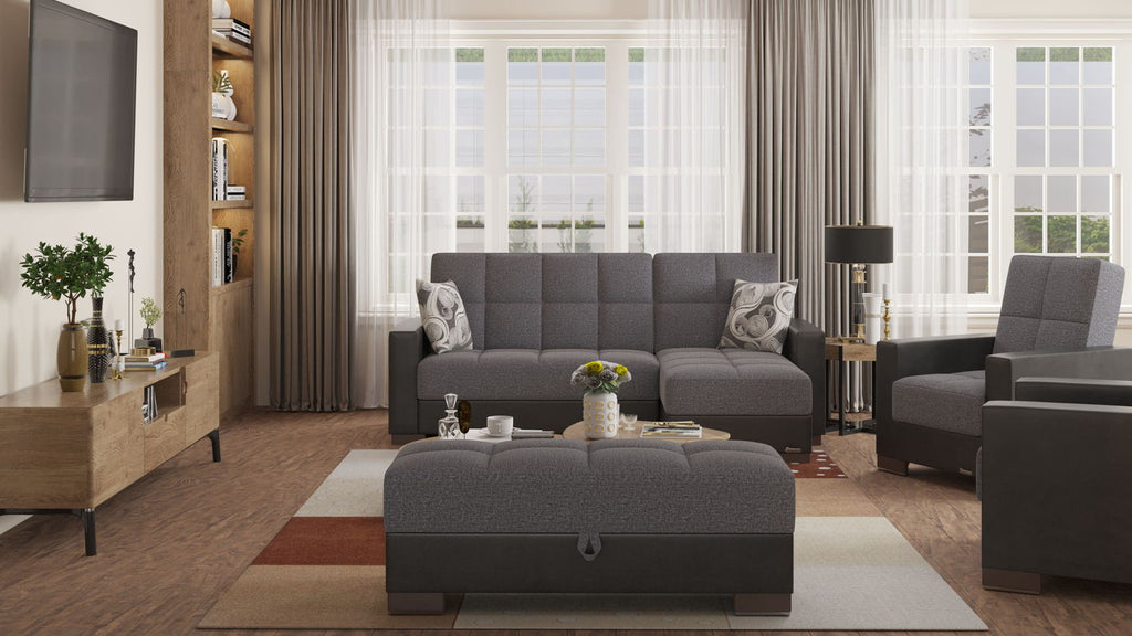 Ottomanson Armada - Upholstered Convertible Chaise Lounge With Storage - Gray/Black PU Polyester