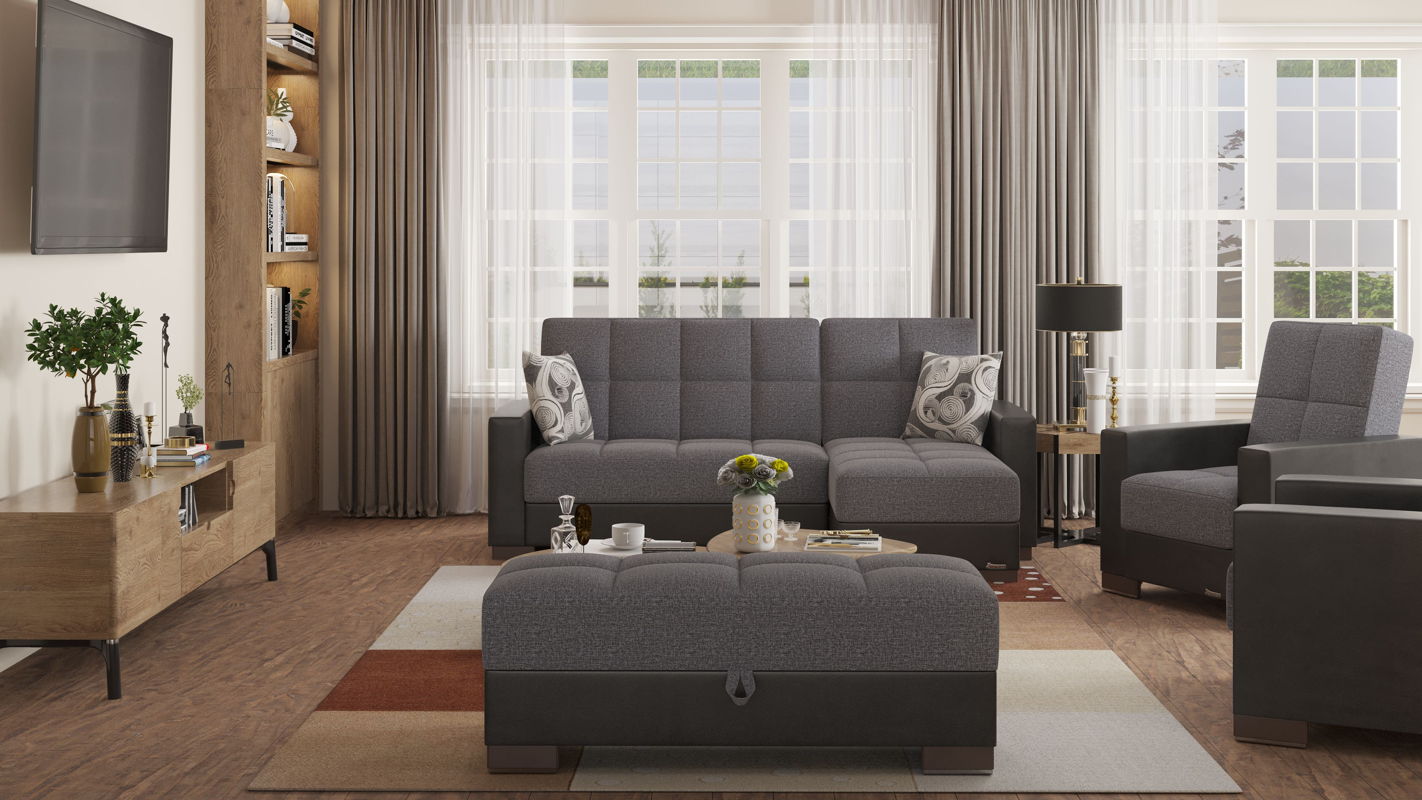 Ottomanson Armada - Upholstered Convertible Chaise Lounge With Storage - Gray/Black PU Polyester