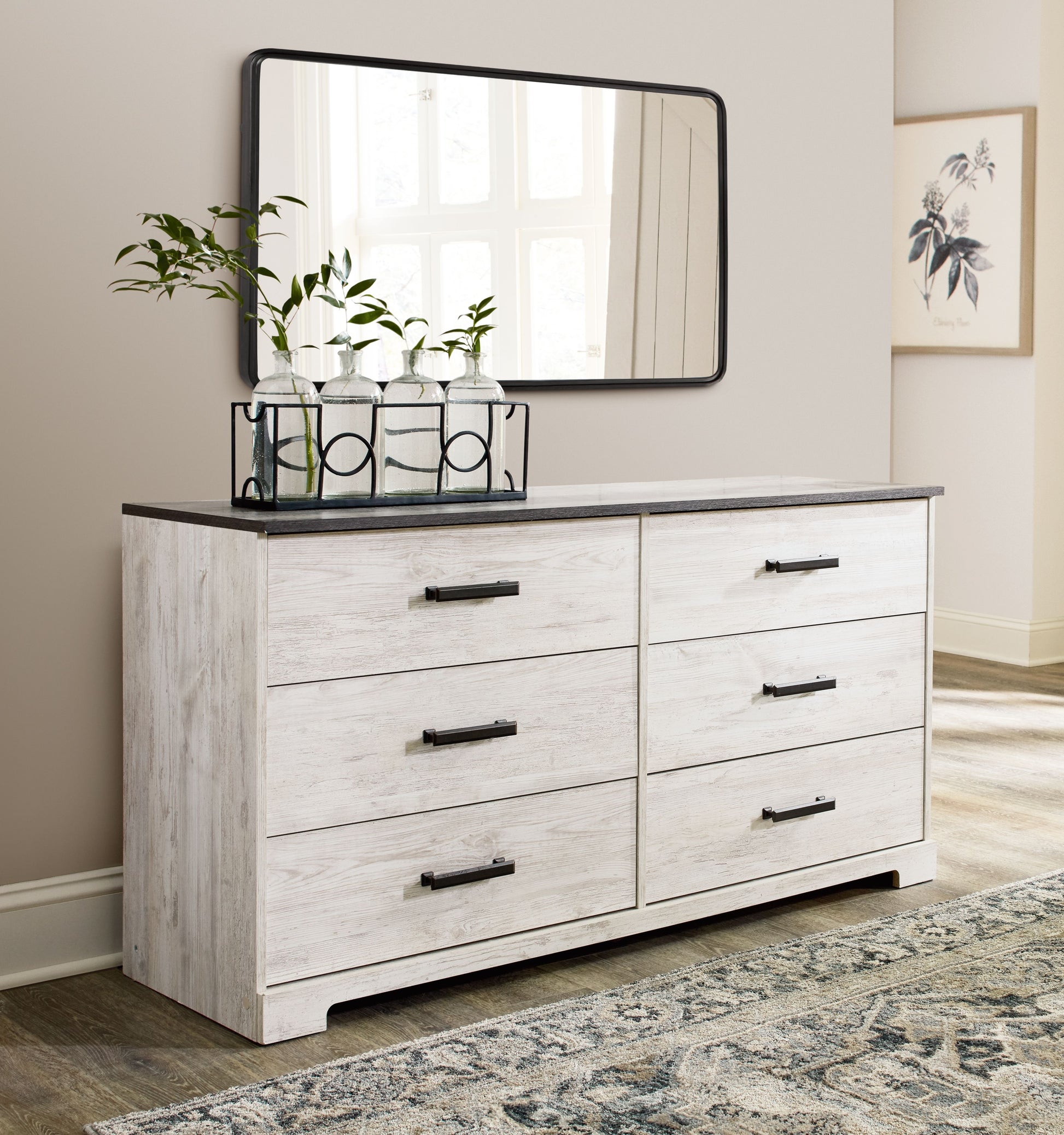 Shawburn - White / Black / Gray - Six Drawer Dresser - Pewter-tone pulls