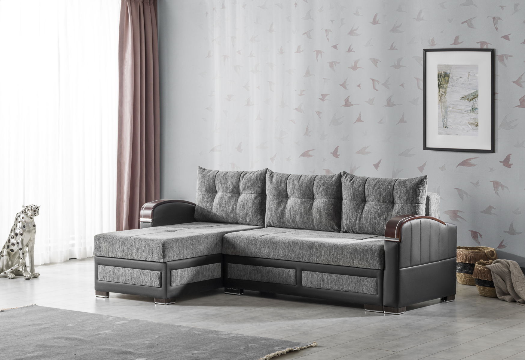 Ottomanson Maya - Upholstered Convertible Sectional with Storage - Gray