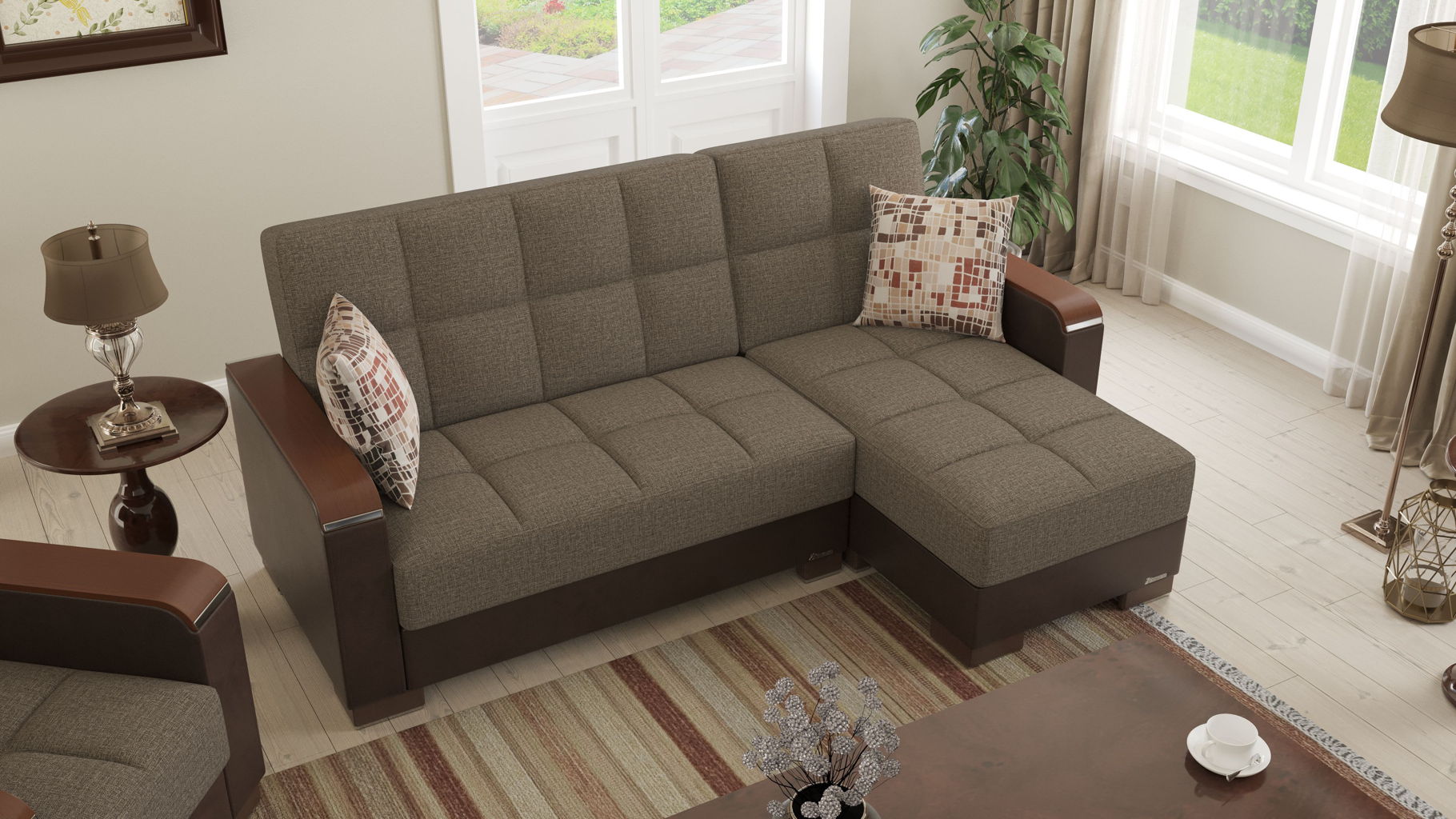 Ottomanson Armada X - Upholstered Convertible Wood Trimmed Chaise Lounge With Storage - Brown PU Polyester