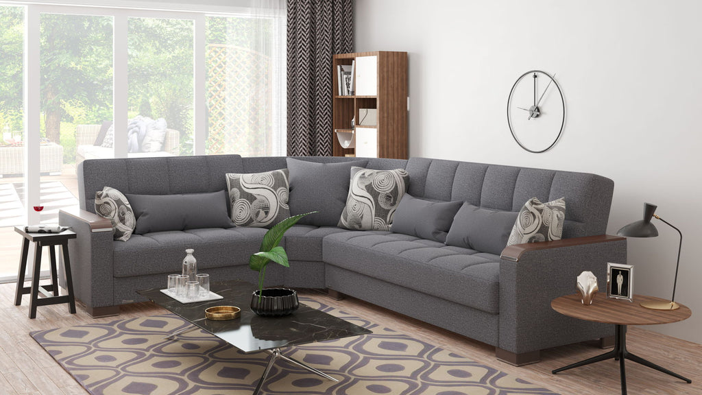 Ottomanson Armada X - Upholstered Convertible Wood Trimmed Sectional With Storage - Polyester