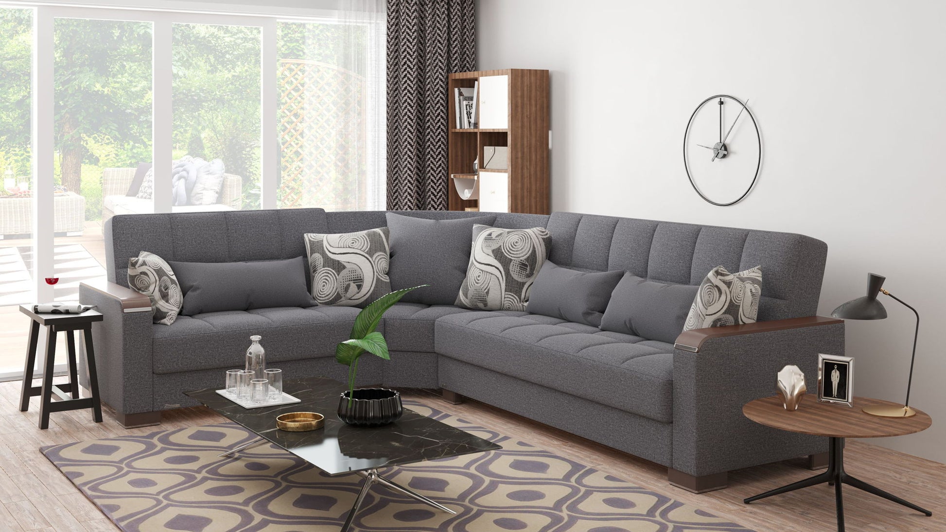 Ottomanson Armada X - Upholstered Convertible Wood Trimmed Sectional With Storage - Polyester