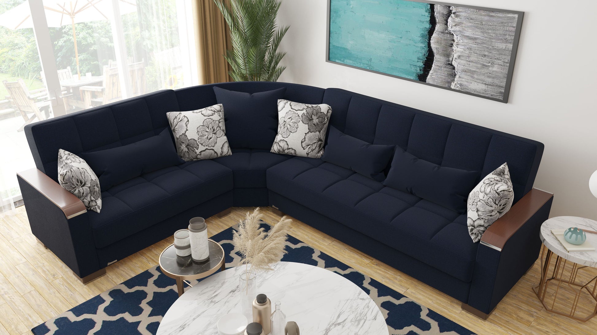 Ottomanson Armada X - Upholstered Convertible Wood Trimmed Sectional With Storage - Polyester