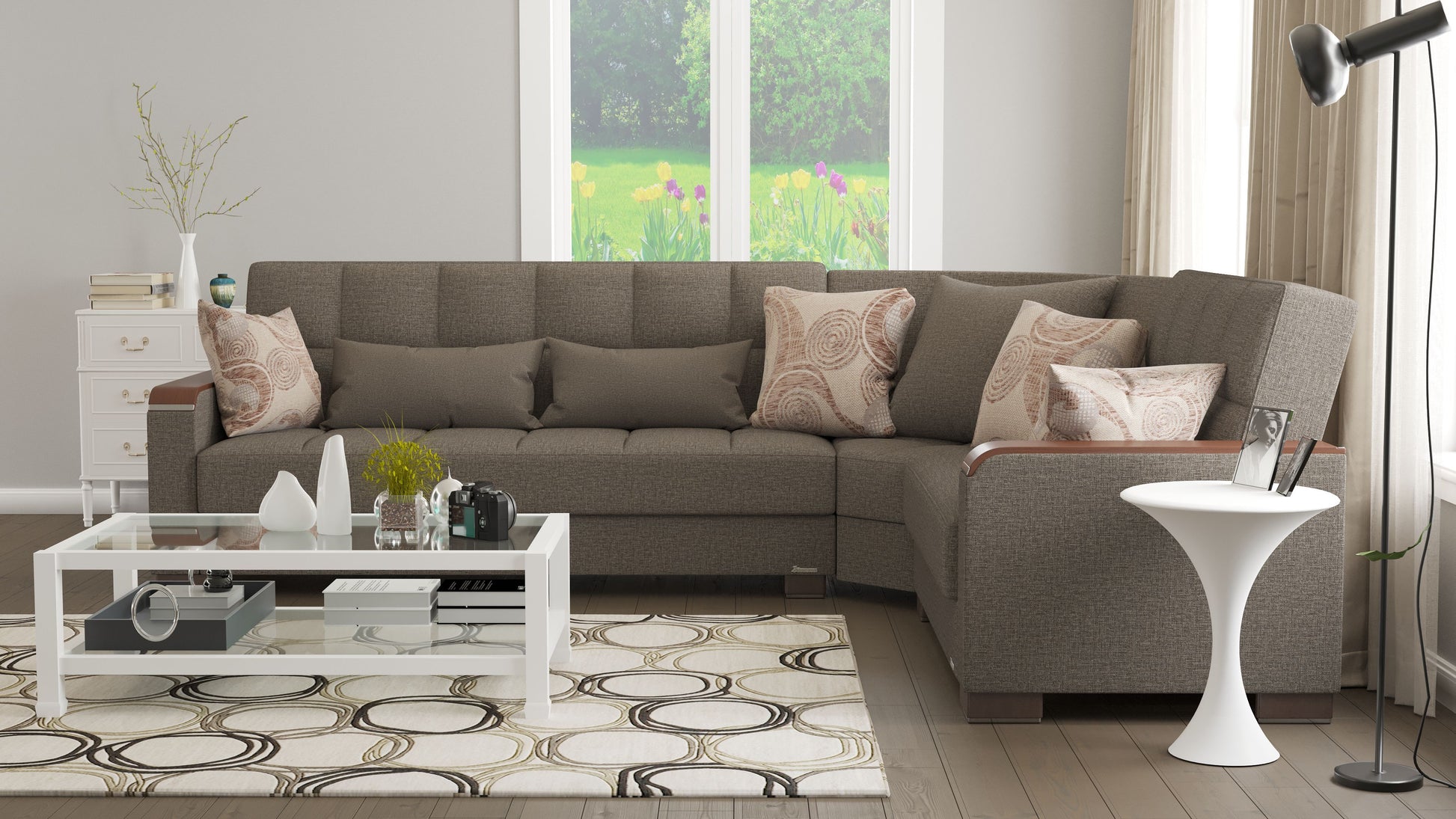 Ottomanson Armada X - Upholstered Convertible Wood Trimmed Sectional With Storage - Polyester