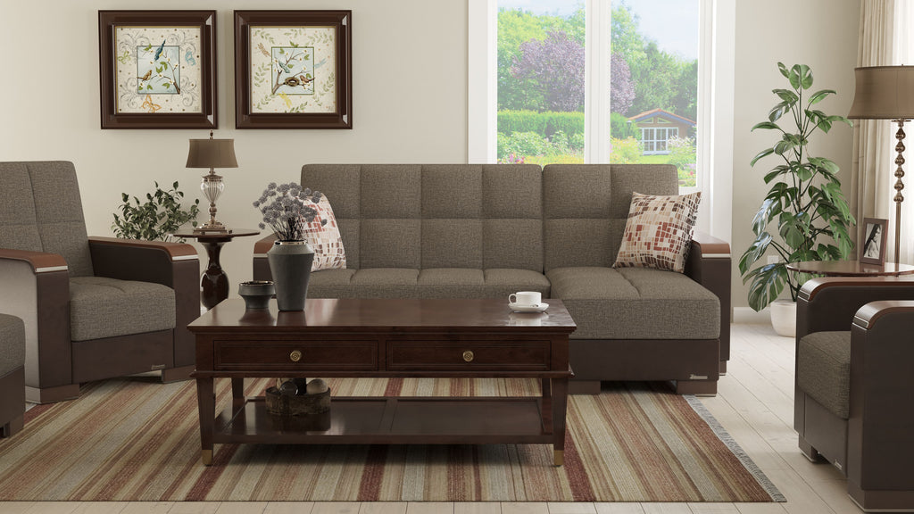 Ottomanson Armada X - Upholstered Convertible Wood Trimmed Chaise Lounge With Storage - Brown PU Polyester