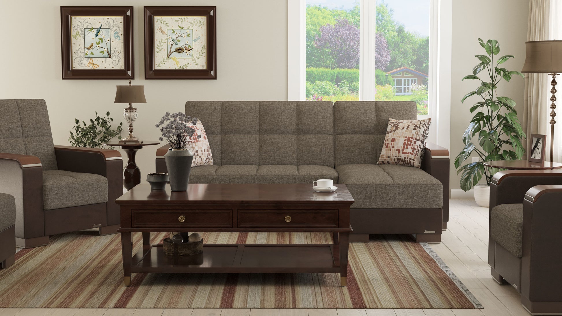 Ottomanson Armada X - Upholstered Convertible Wood Trimmed Chaise Lounge With Storage - Brown PU Polyester