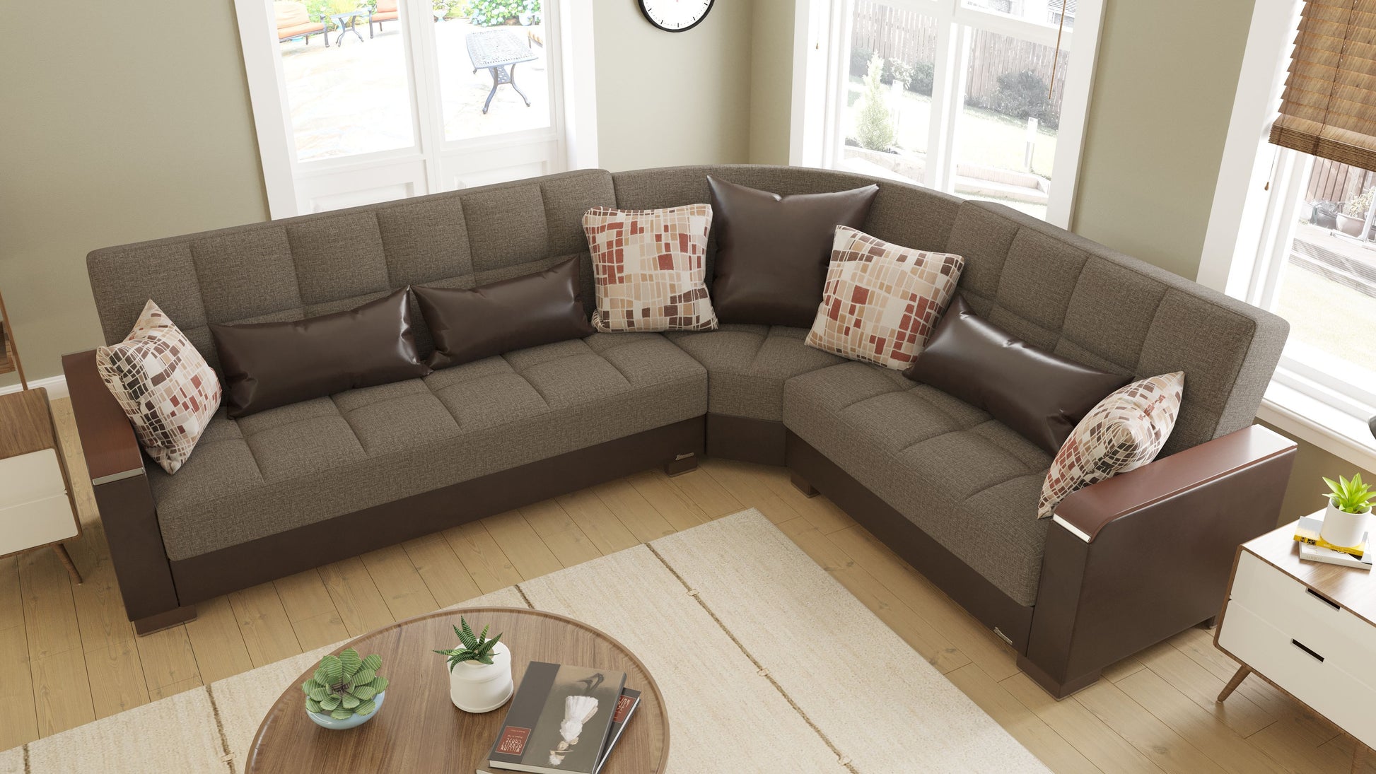 Ottomanson Armada X - Upholstered Convertible Wood Trimmed Sectional With Storage - Brown PU Polyester