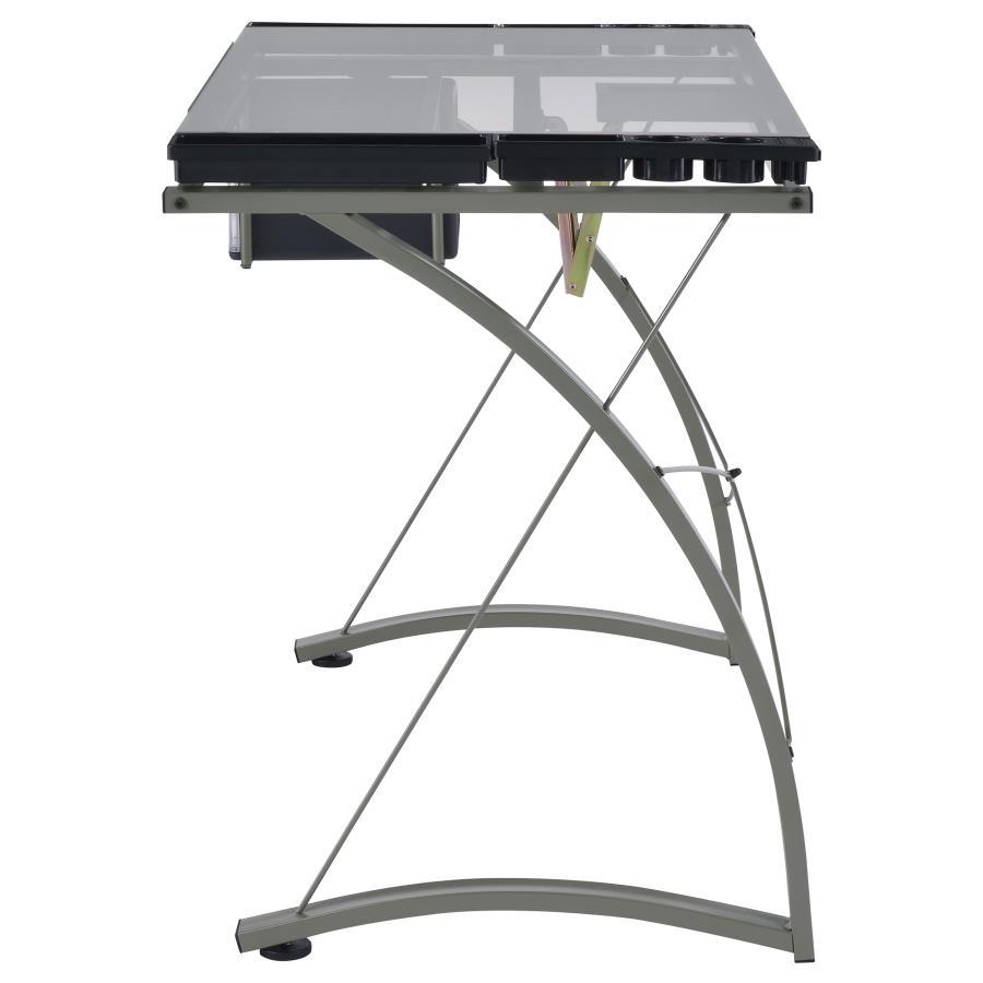 Melo - Glass Top DRAFting Table With Storage - Silver
