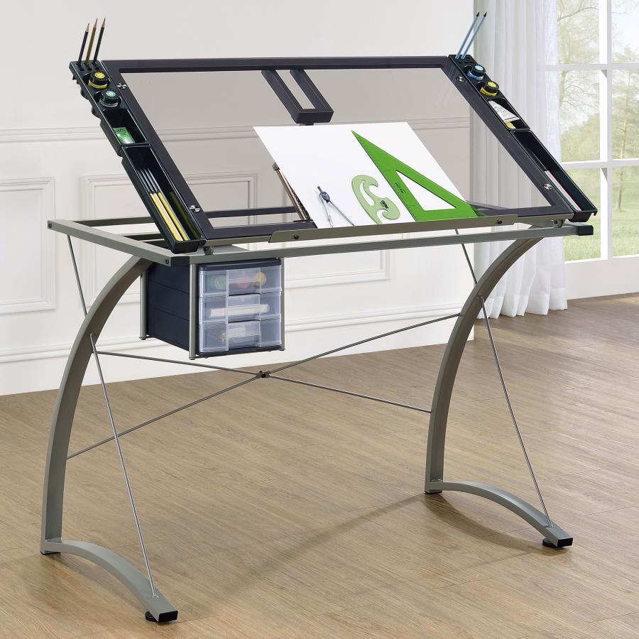 Melo - Glass Top DRAFting Table With Storage - Silver