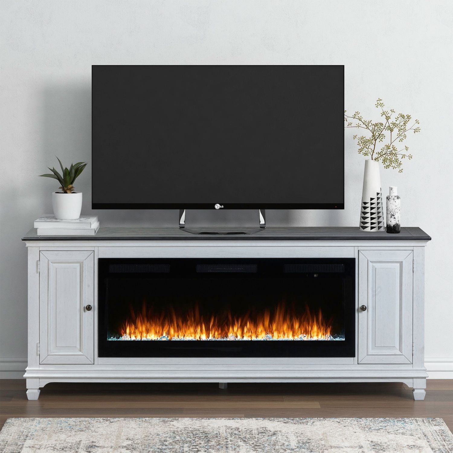 Fireplace TV Consoles - 417 80" Console With Fire FTS - White