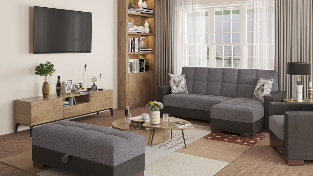 Ottomanson Armada - Upholstered Convertible Chaise Lounge With Storage - Gray/Black PU Polyester