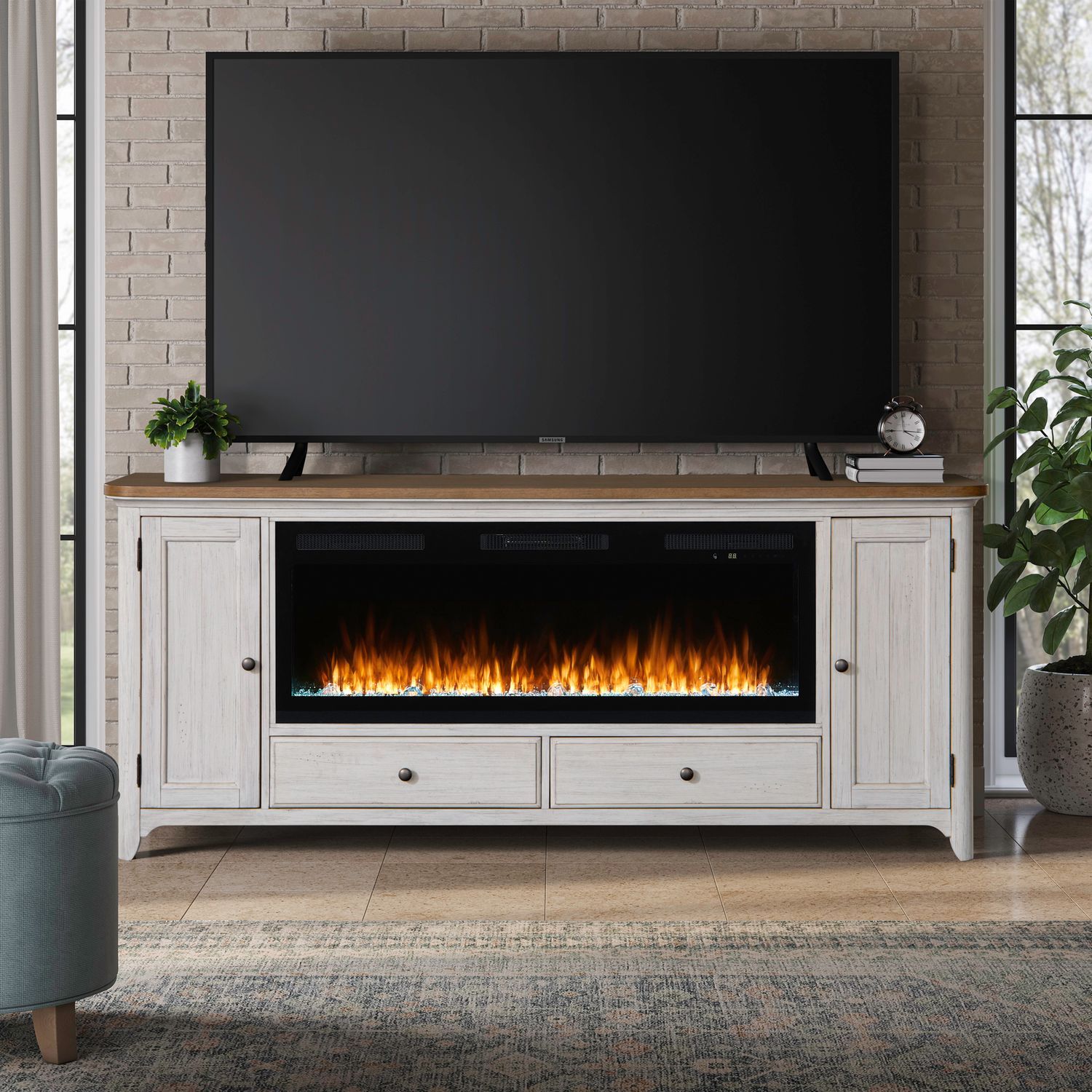 Fireplace TV Consoles - 652 80" Console With Fire FTS - Brown / White