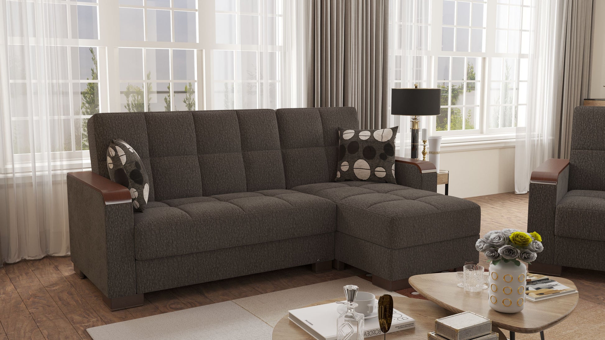 Ottomanson Armada X - Upholstered Convertible Wood Trimmed Chaise Lounge With Storage