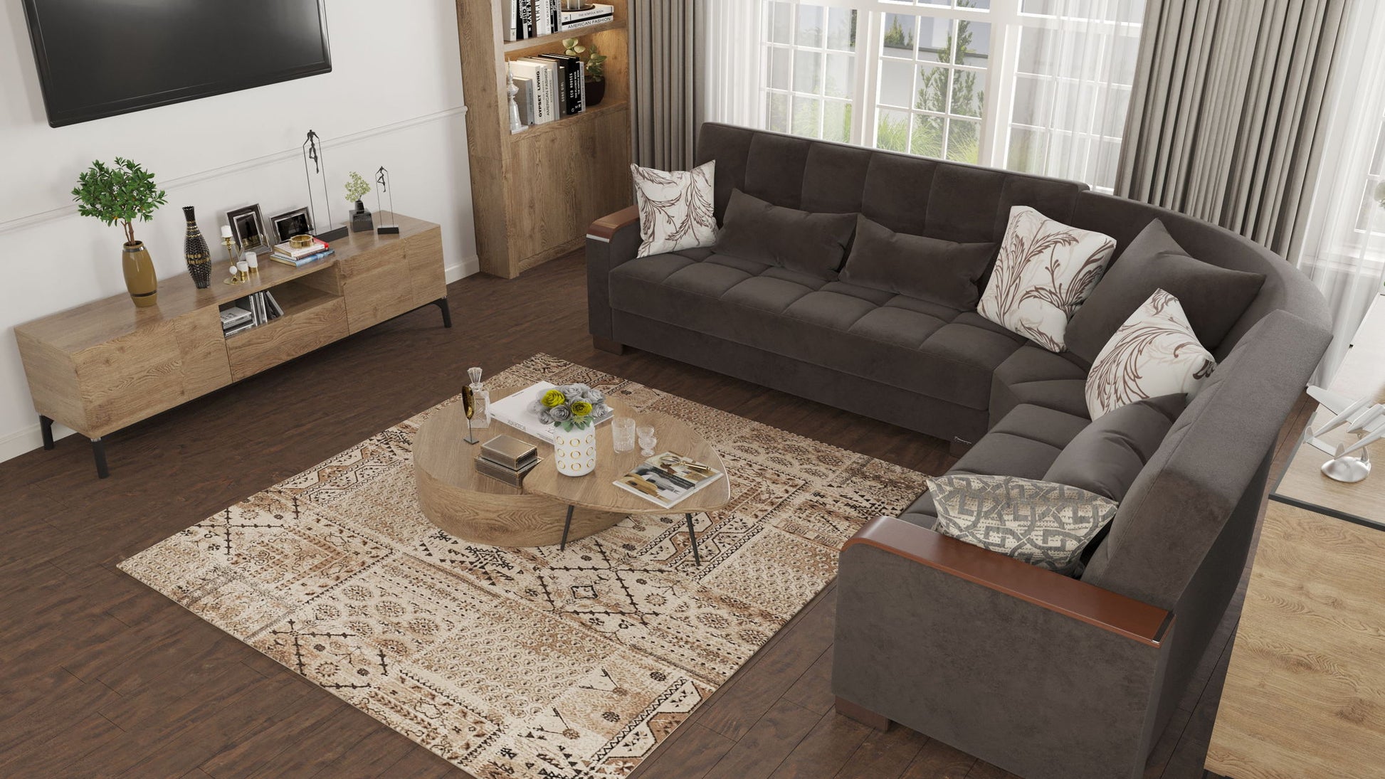 Ottomanson Armada X - Upholstered Convertible Wood Trimmed Sectional With Storage - Microfiber