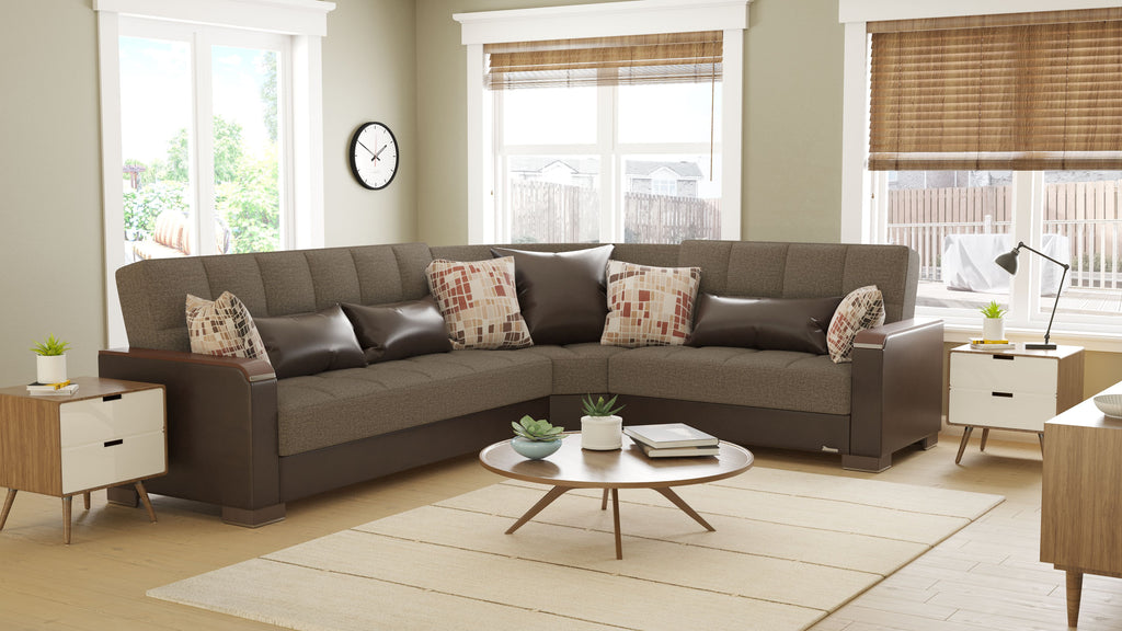 Ottomanson Armada X - Upholstered Convertible Wood Trimmed Sectional With Storage - Brown PU Polyester