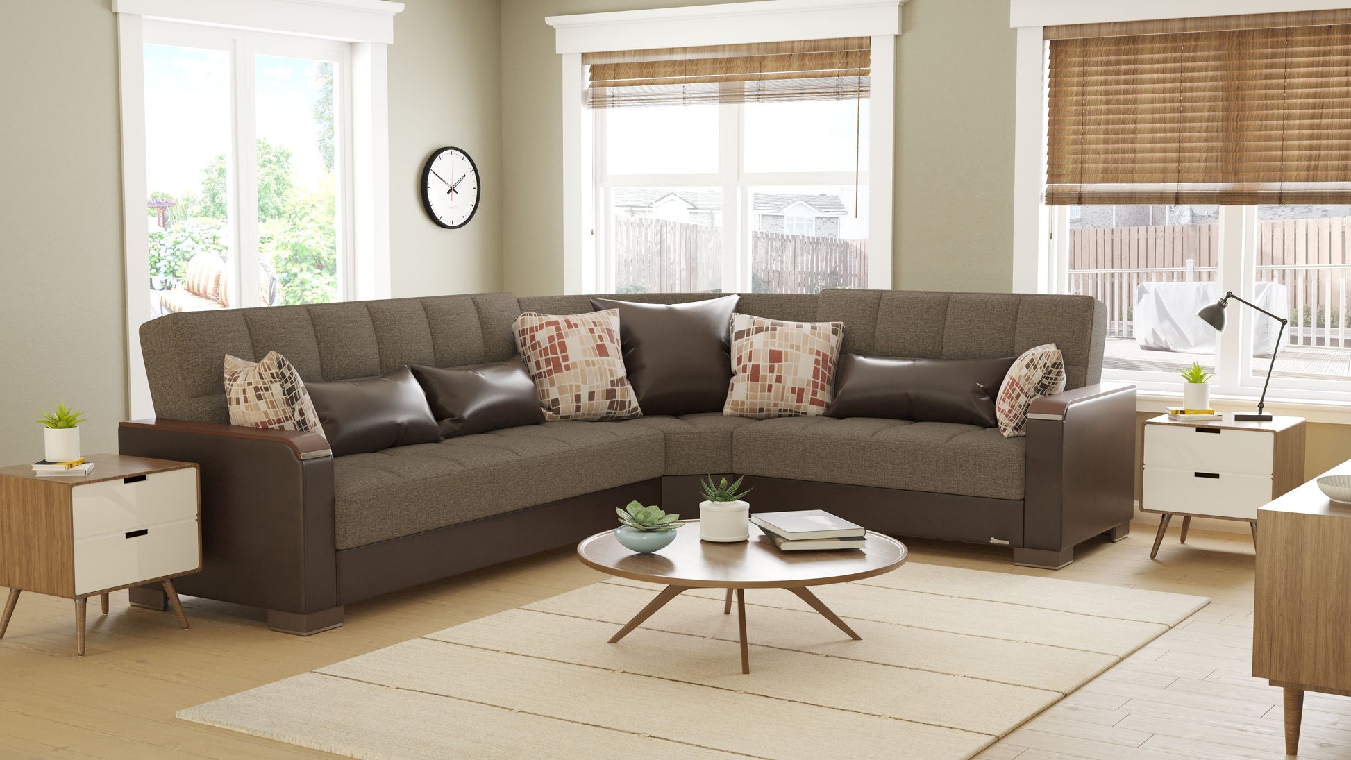 Ottomanson Armada X - Upholstered Convertible Wood Trimmed Sectional With Storage - Brown PU Polyester