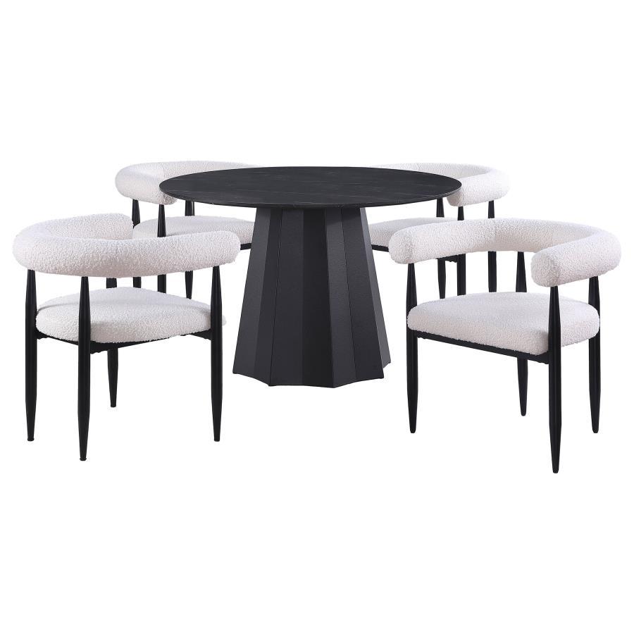 Camden - 5 Piece Round Faux Marble Top Dining Table Set - Black