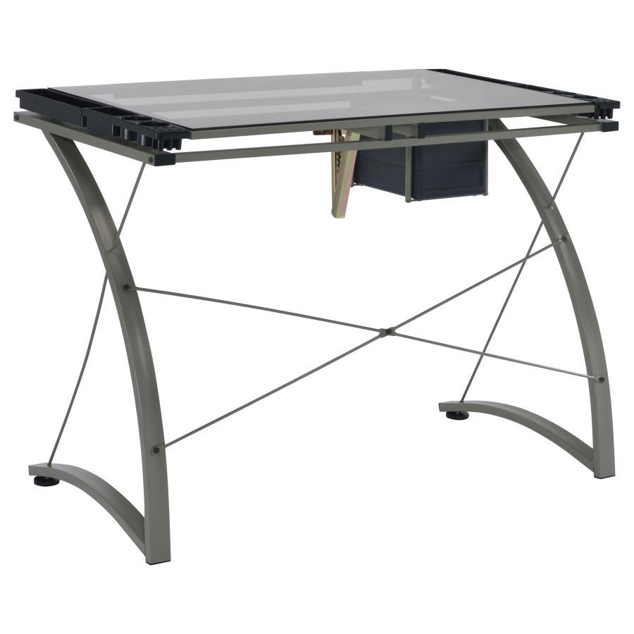 Melo - Glass Top DRAFting Table With Storage - Silver