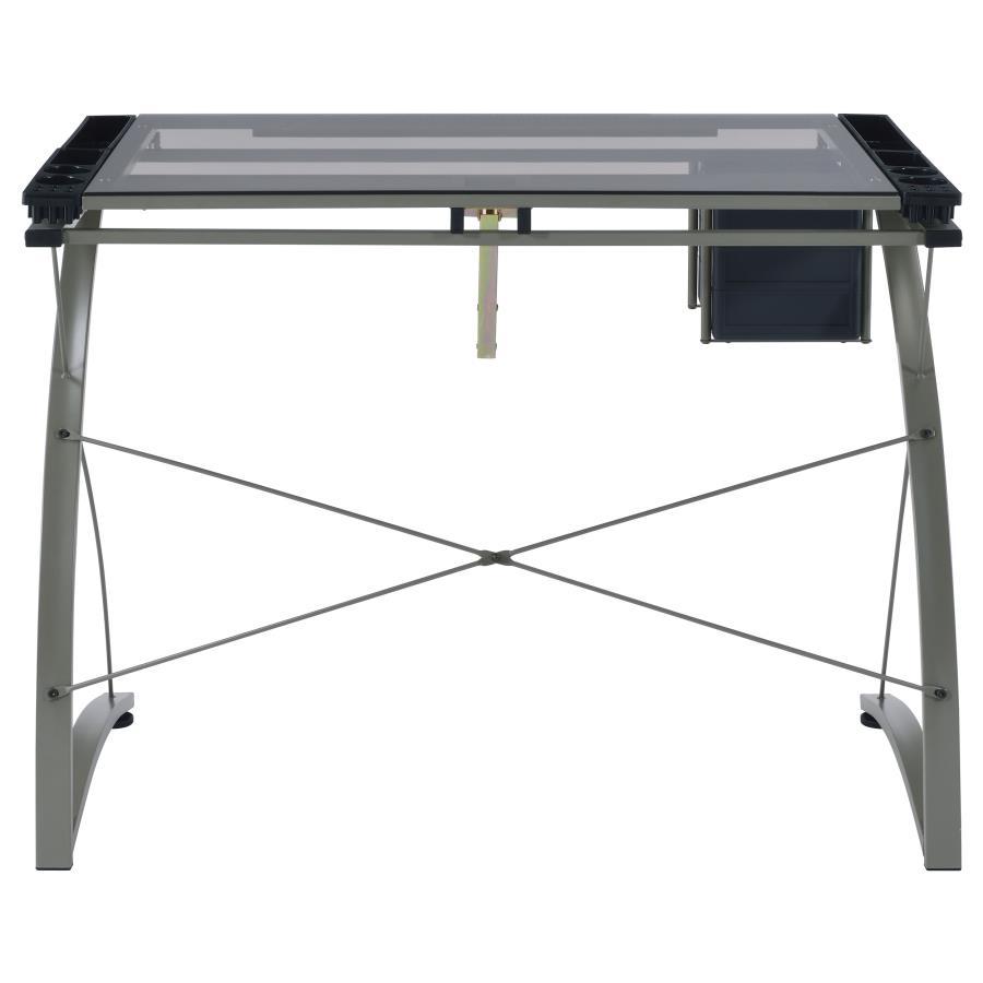 Melo - Glass Top DRAFting Table With Storage - Silver