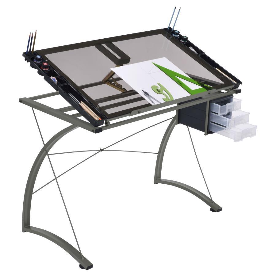 Melo - Glass Top DRAFting Table With Storage - Silver