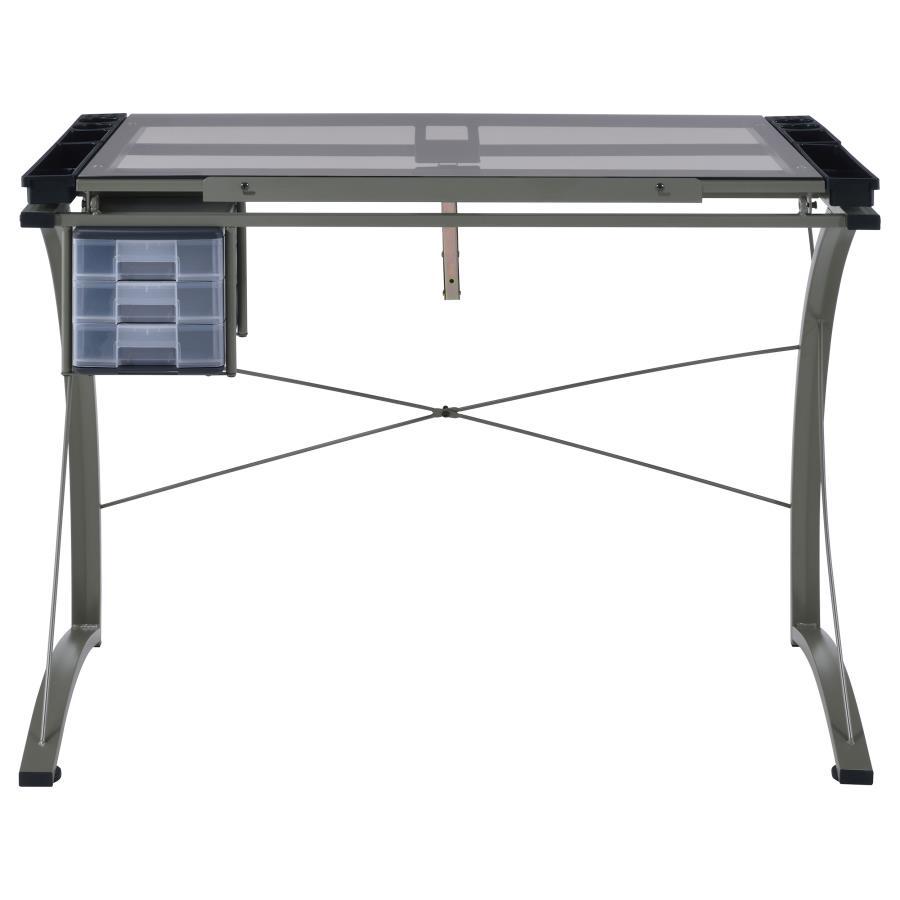 Melo - Glass Top DRAFting Table With Storage - Silver