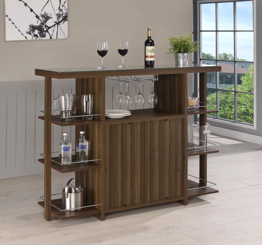 Evelio - 6-Shelf Glass Top Home Bar Wine Cabinet - Walnut