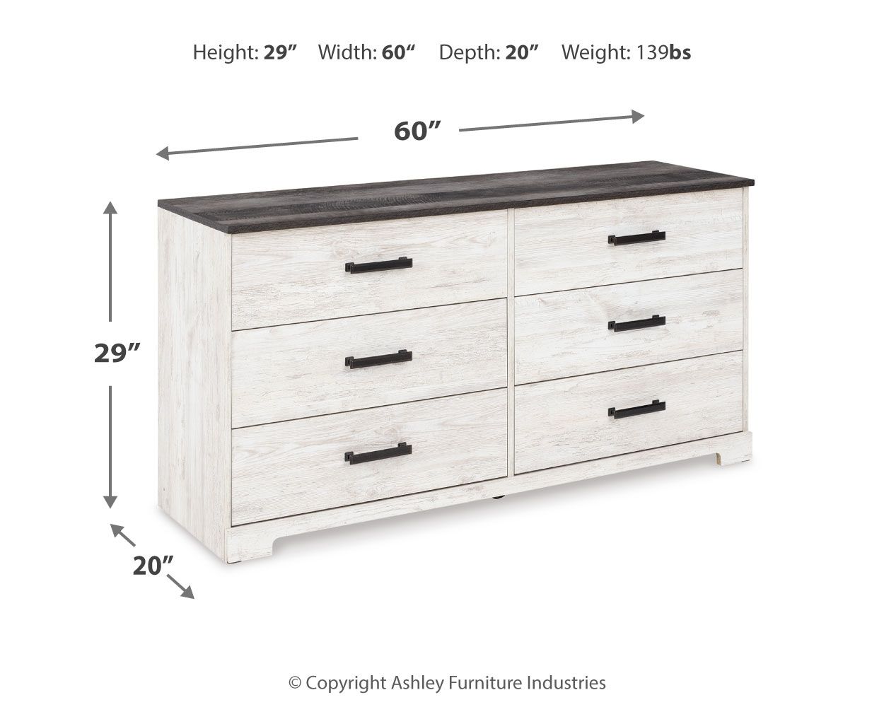 Shawburn - White / Black / Gray - Six Drawer Dresser - Pewter-tone pulls
