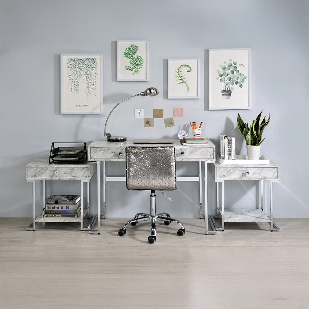 Tigress - Writing Desk - White Printed Faux Marble & Chrome Finish