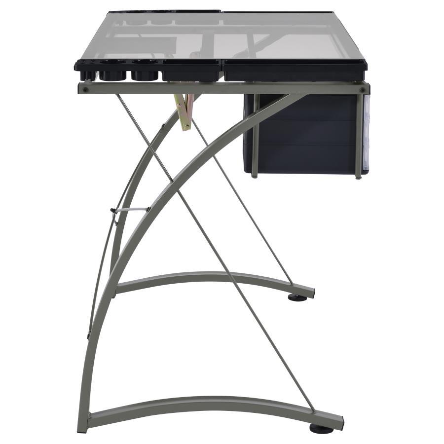 Melo - Glass Top DRAFting Table With Storage - Silver