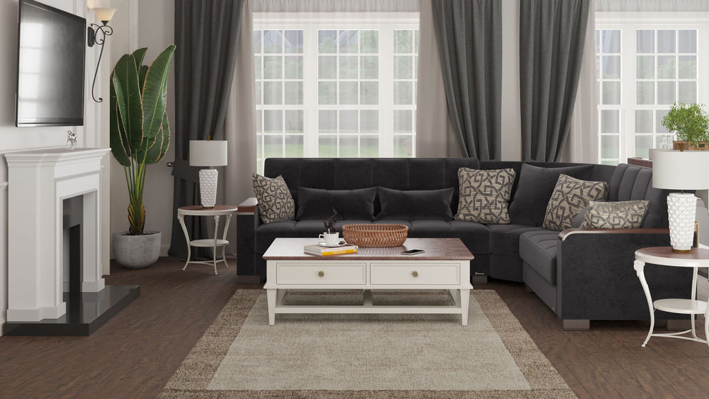 Ottomanson Armada X - Upholstered Convertible Wood Trimmed Sectional With Storage - Microfiber