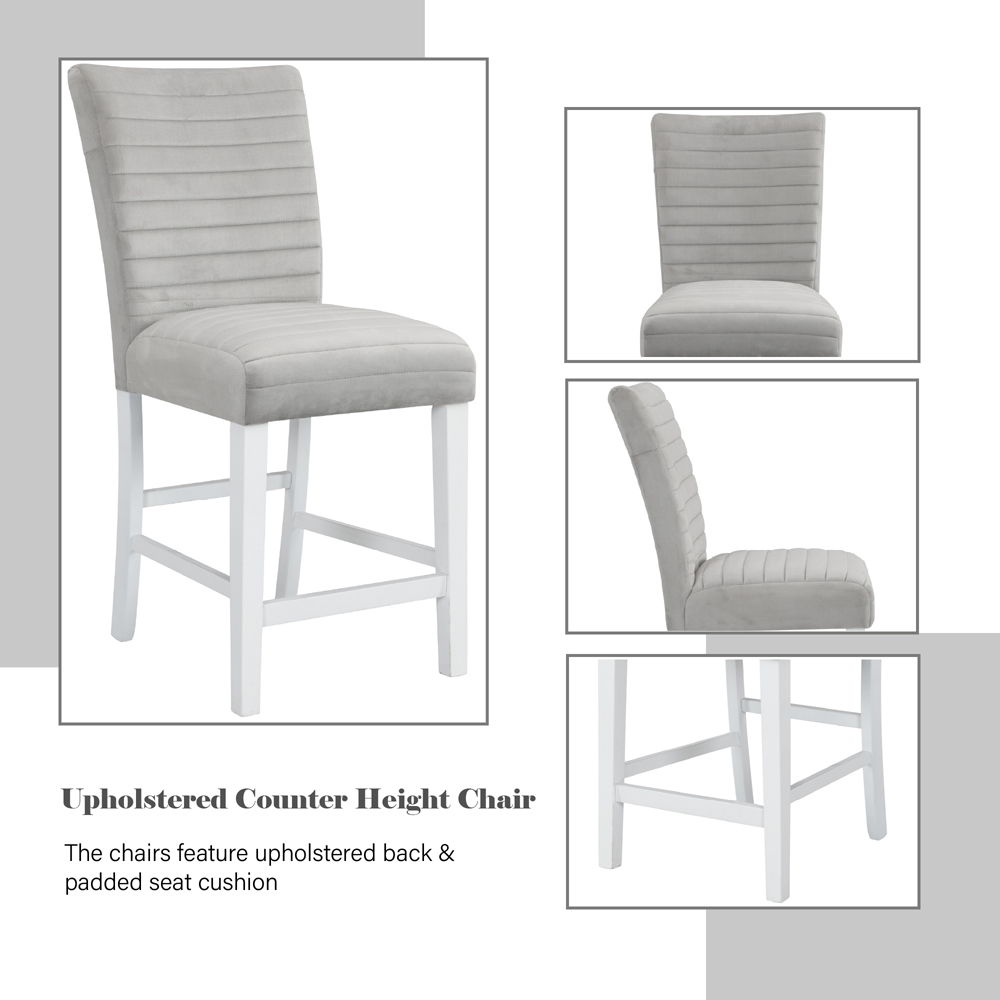 Elizaveta - Counter Height Chair (Set of 2) - Gray Velvet, Faux Crystal Diamonds &White High Gloss Finish