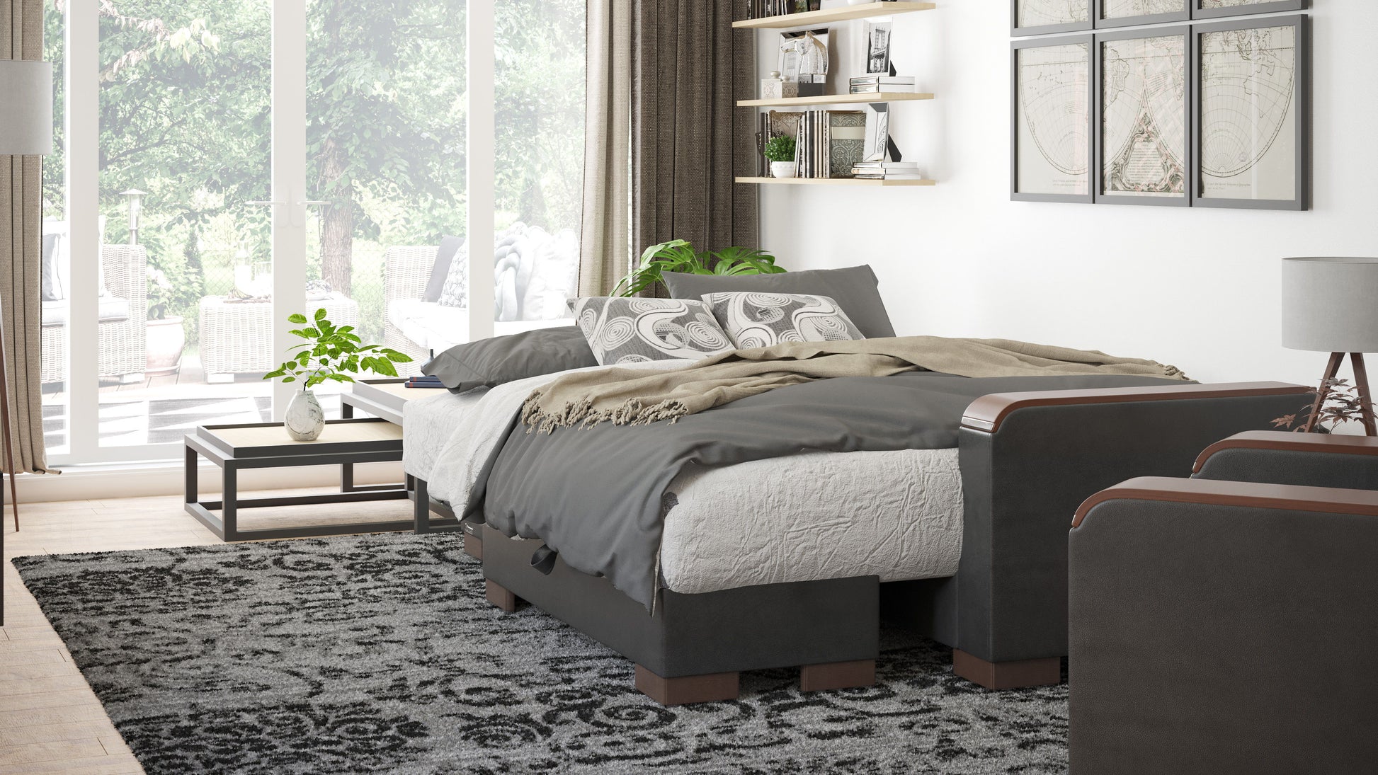 Ottomanson Armada X - Upholstered Convertible Wood Trimmed Chaise Lounge With Storage