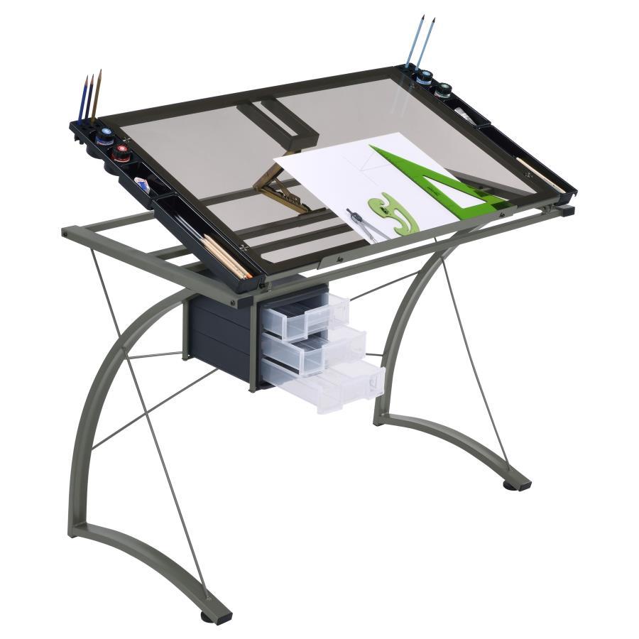 Melo - Glass Top DRAFting Table With Storage - Silver