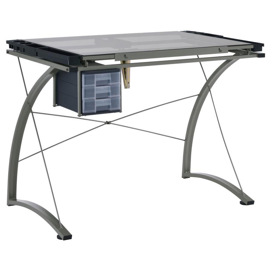 Melo - Glass Top DRAFting Table With Storage - Silver